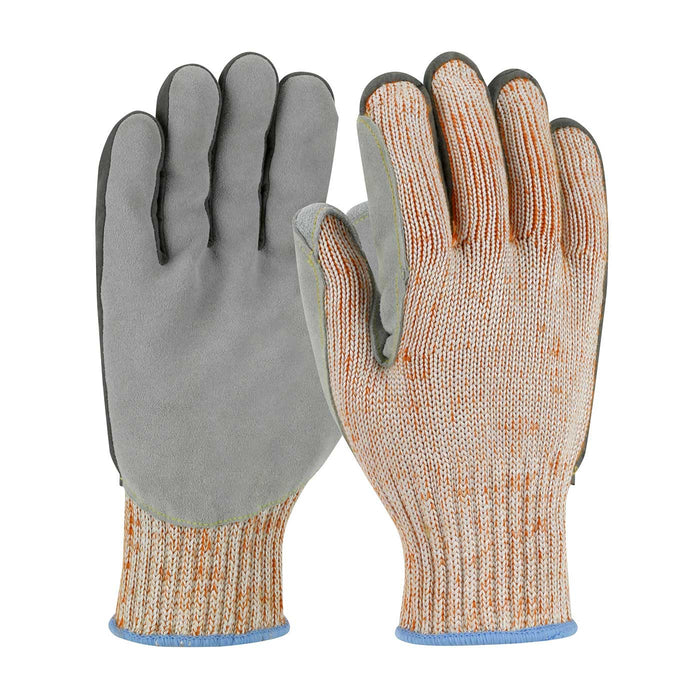 Seamless Knit HPPE Blended Glove with Split Cowhide Leather Palm and Aramid Stitching - Vend-Ready (12 pairs)