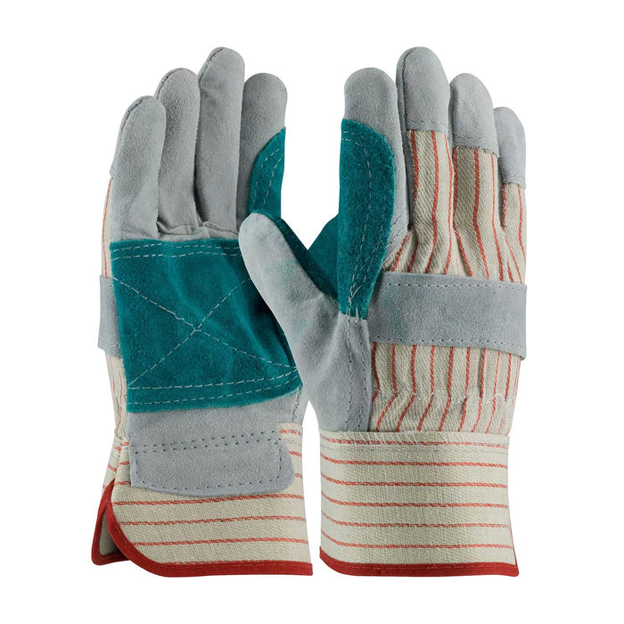 Economy Grade Split Cowhide Leather Double Palm Glove with Fabric Back - Rubberized Safety Cuff (12 pairs)
