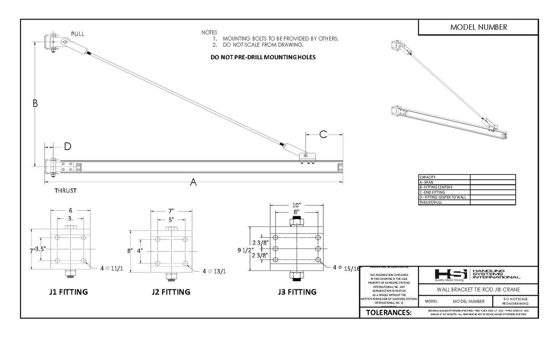 Tie Rod Style Jib Crane Wall/Column Mounted - 1 Ton (2,000 lbs)